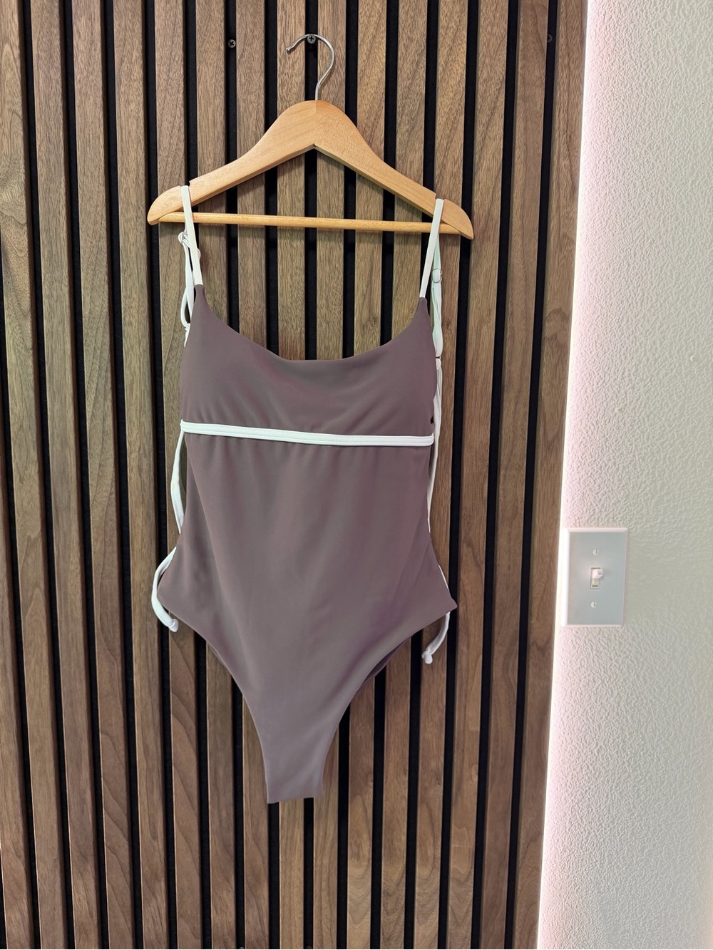 High cut, Low back Swimsuit - Muave-Taupe with White Trim